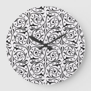 Black and White Swirling Vines Pattern Large Clock