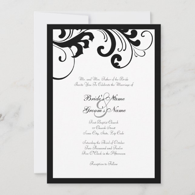Black and White Swirls Frame Wedding Invitation (Front)