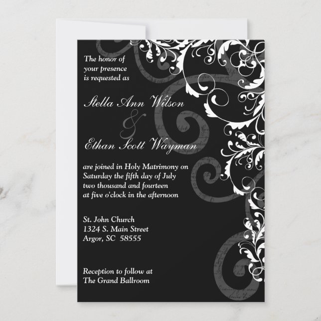 Black and White Swirls Wedding Invitation (Front)