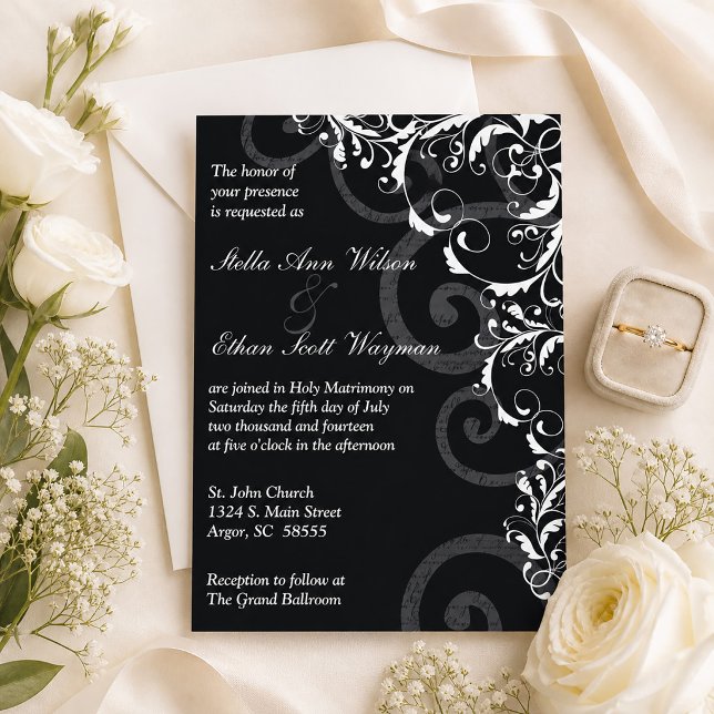 Black and White Swirls Wedding Invitation (Black and White Flourish Wedding Invitation)