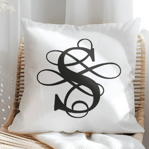 Black and White Swirly Flourish Initial Monogram Cushion