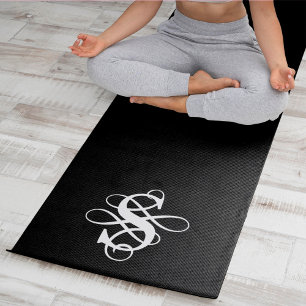 Black and White Swirly Initial Monogram Yoga Mat