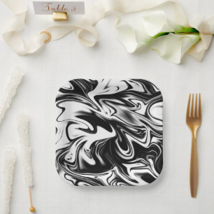 Black And White Swirly Marble Design, Paper Plate