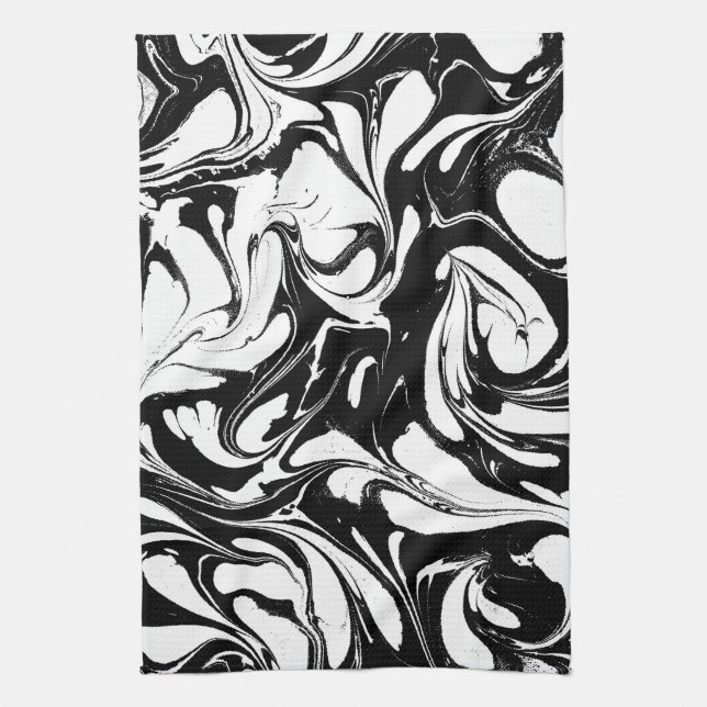 Black And White Swirly Marble Pattern Tea Towel (Vertical)