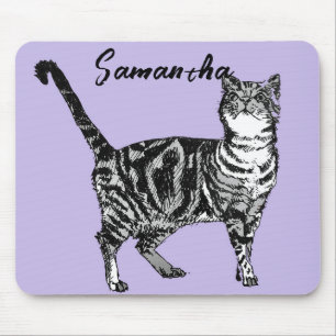 Black and White Tabby Cat Girls Name Purple Mouse Pad