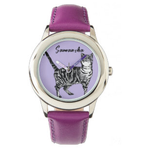 Black and White Tabby Cat Girls Name Purple Watch