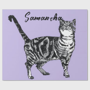 Black and White Tabby Cat Girls Name Purple  Wrapping Paper