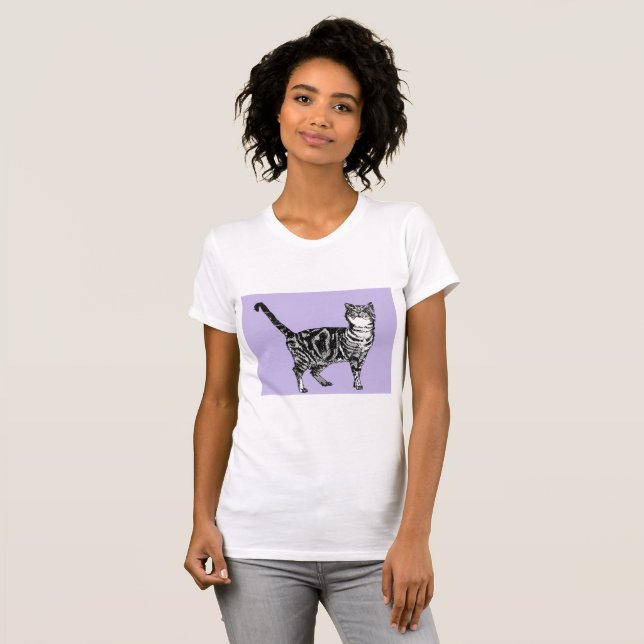 Black and White Tabby Cat Girls Purple T Shirt Top (Front Full)