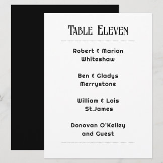 Black and White Table Number Guest List Card