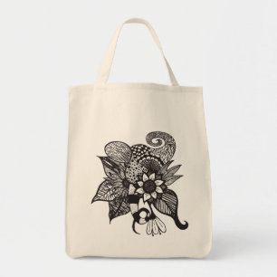 Black and White Tangle Floral Hand Drawings Tote Bag