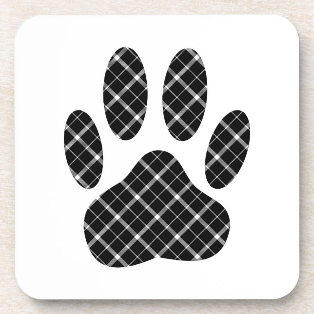 Black And White Tartan Dog Paw Print Coaster (Front)