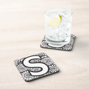 Black and White Tattoo-Style Ink Flowers Monogram Coaster