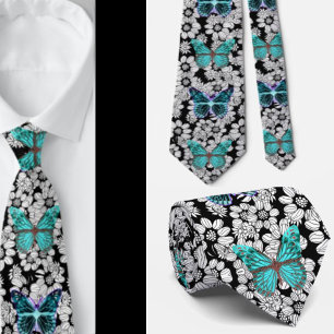 Black and White Teal Butterfly Butterflies Tie