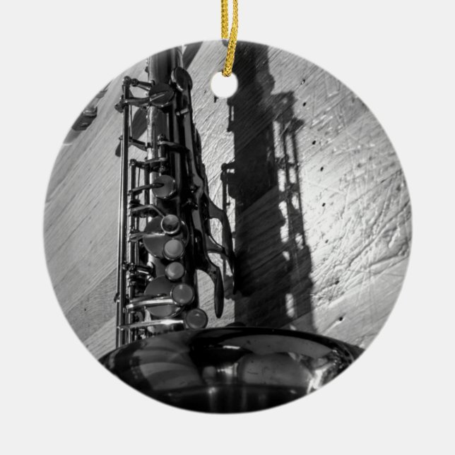 Black and White Tenor Saxophone Ceramic Tree Decoration (Front)