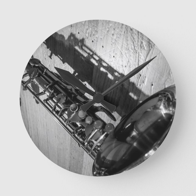 Black and White Tenor Saxophone Round Clock (Front)