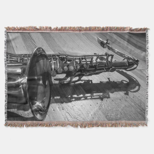 Black and White Tenor Saxophone Throw Blanket (Front)