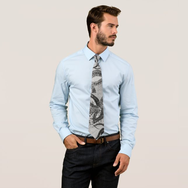 Black and White Texture Botanical Decorated Tie (In Situ)