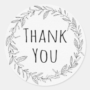 Black And White Thank You Floral Leaves Wreath Classic Round Sticker