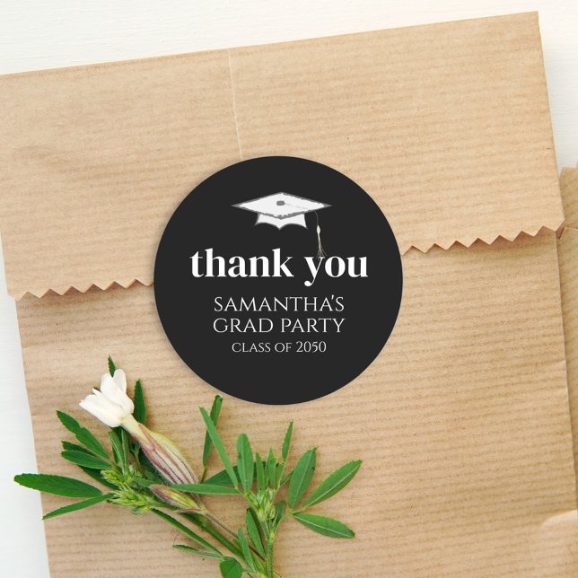 Black and White Thank You Graduation Custom Classic Round Sticker (Creator Uploaded)