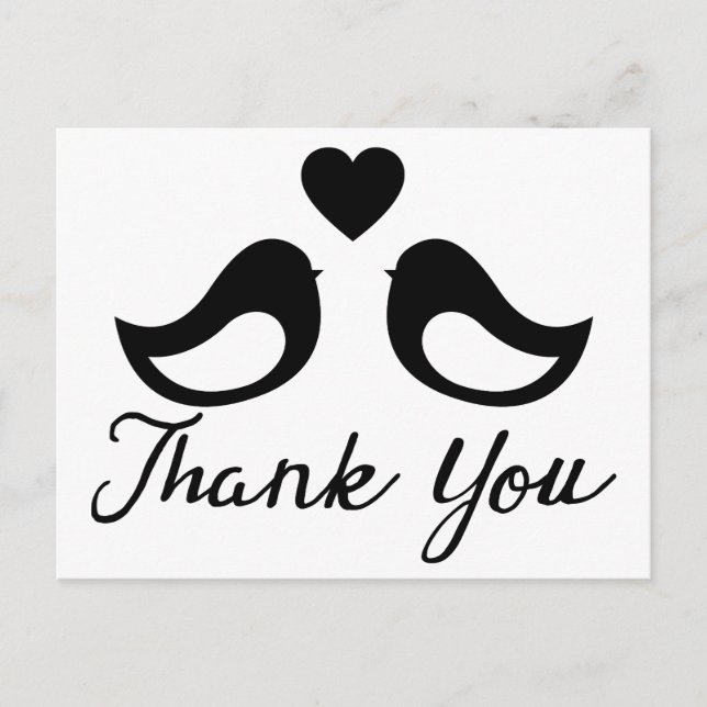 Black And White Thank You Lovebirds & Hearts Postcard (Front)