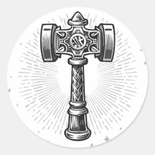 Black and white Thor's Hammer Mjolnir Classic Round Sticker
