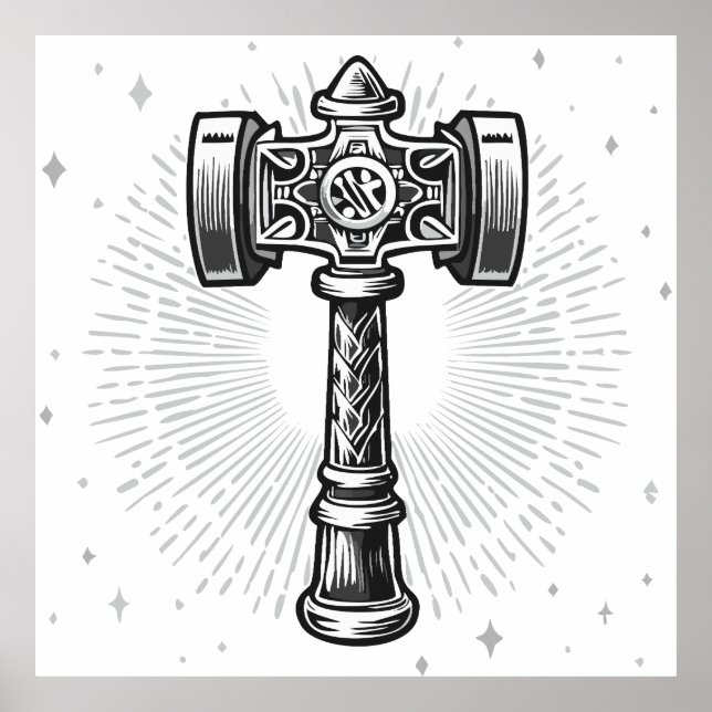 Black and white Thor's Hammer Mjolnir Poster (Front)