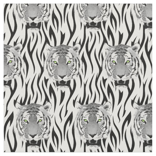 Black and White Tiger Face With Stripes Fabric (Close Up)