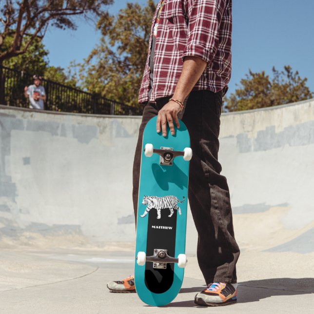 Black and White Tiger on Teal Personalised Skateboard (Outdoor 2)
