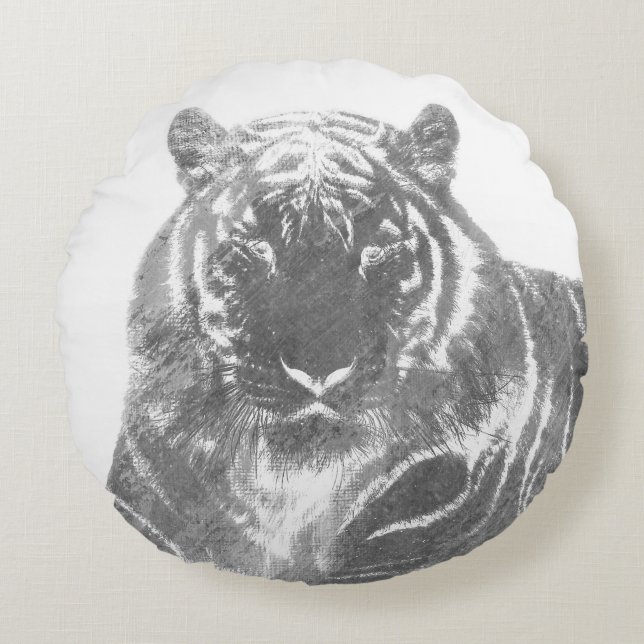 Black and White Tiger Round Cushion (Front)