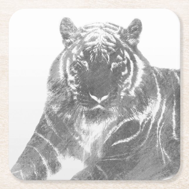 Black and White Tiger Square Paper Coaster (Front)