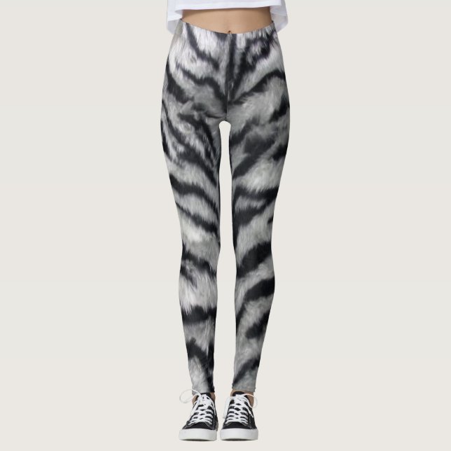 Black and White Tiger Stripe Fur Print  Leggings (Front)