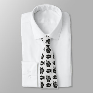 Black and White Tiki Fish and Flower Pattern Tie