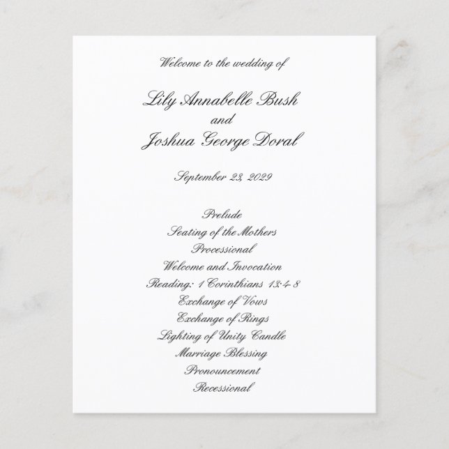 Black and White Timeless Budget Wedding Program Flyer (Front)