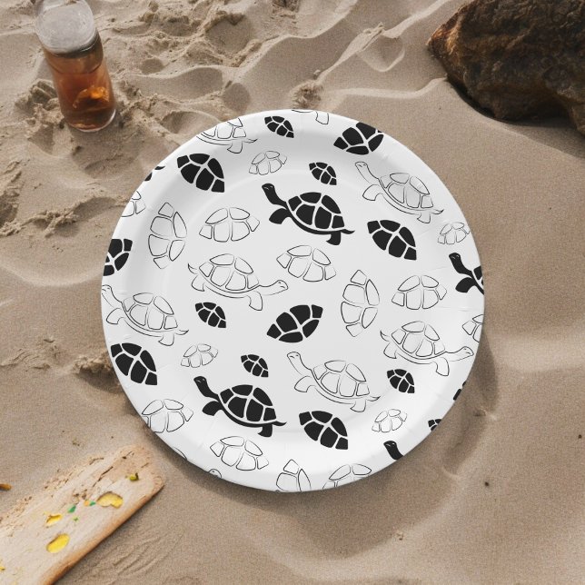 Black and White Tortoise Paper Plate (black white turtle,birthday,wedding,baby shower,special occasion event paper plate party supplies)