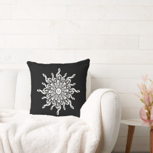 Black and White Treble Clef Snowflake Monogram Cushion