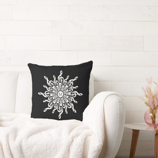Black and White Treble Clef Snowflake Monogram Cushion (Couch)