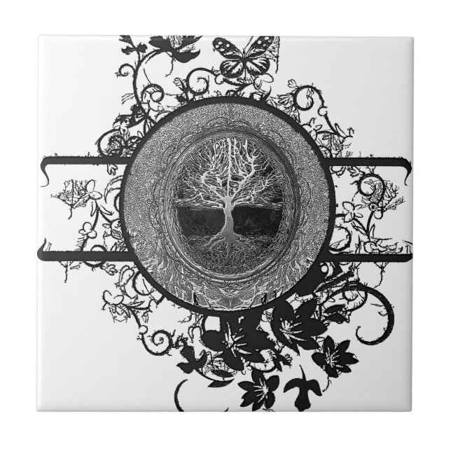 Black and White Tree of Life with Flowers Tile (Front)