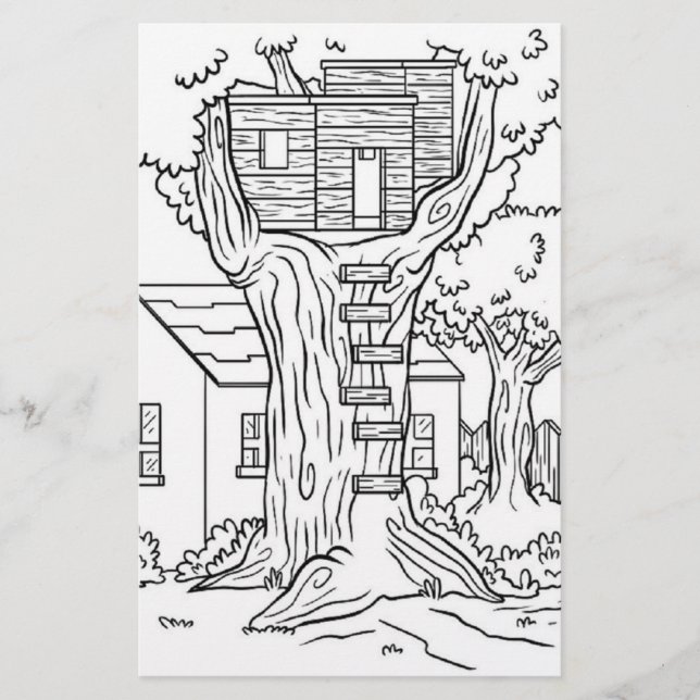 Black and white treehouse colouring page stationery (Front)