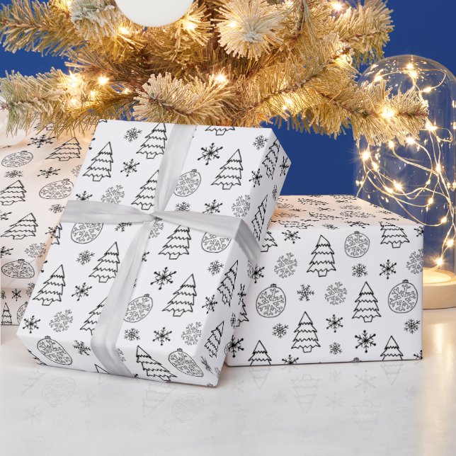 Black and White Trees Snowflakes Christmas Wrapping Paper (Holidays)
