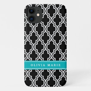 Black and White Trellis Pattern Turquoise Name Case-Mate iPhone Case