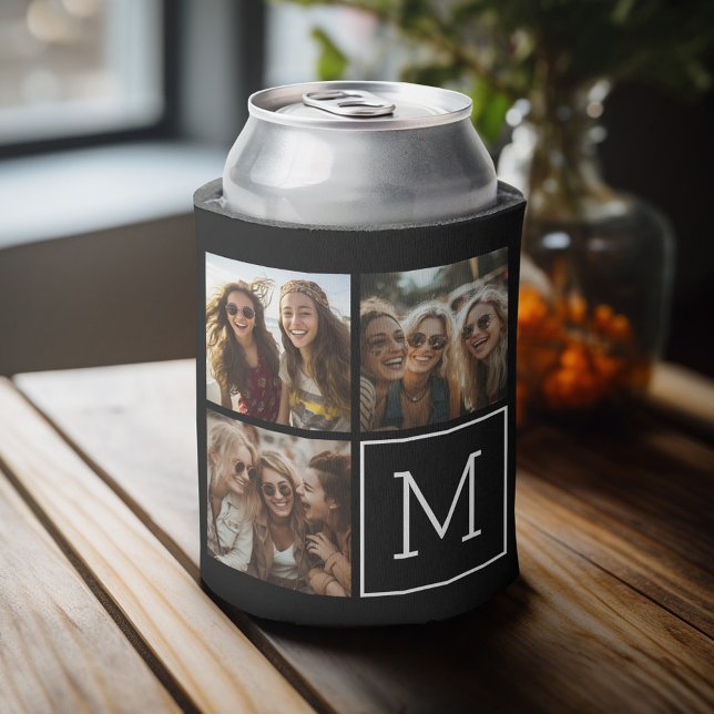 Black and White Trendy Photo Collage with Monogram Can Cooler (Fun personalized 3 photo can cooler with a place to add a custom monogram)