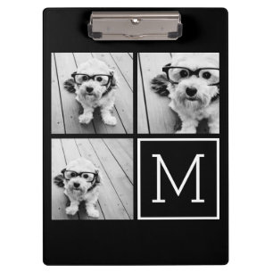 Black and White Trendy Photo Collage with Monogram Clipboard