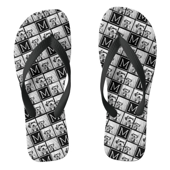 Black and White Trendy Photo Collage with Monogram Jandals (Footbed)