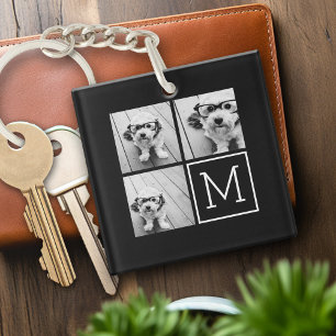 Black and White Trendy Photo Collage with Monogram Key Ring