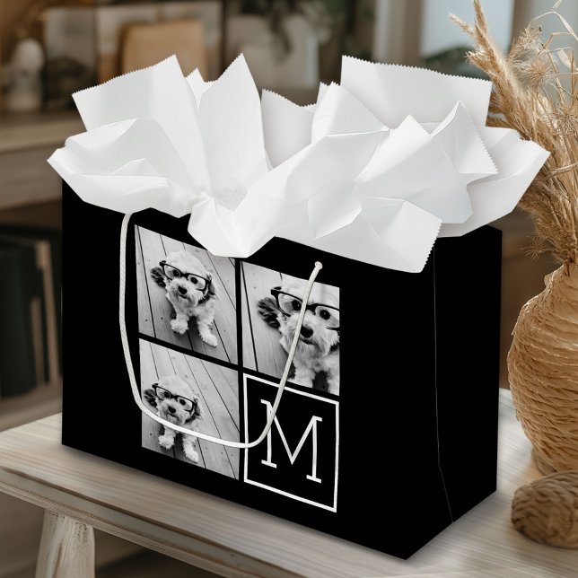 Black and White Trendy Photo Collage with Monogram Large Gift Bag (Custom Gift Bag)