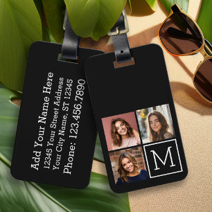 Black and White Trendy Photo Collage with Monogram Luggage Tag