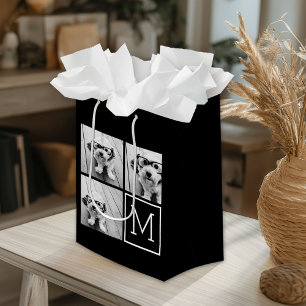Black and White Trendy Photo Collage with Monogram Medium Gift Bag