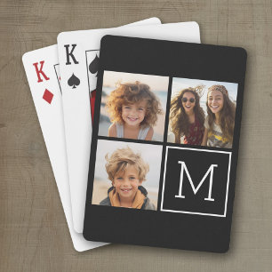 Black and White Trendy Photo Collage with Monogram Playing Cards