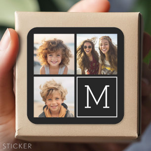 Black and White Trendy Photo Collage with Monogram Square Sticker