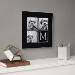 Black and White Trendy Photo Collage with Monogram Square Wall Clock<br><div class="desc">Use 3 square photos to create a unique and personal gift. Or you can keep the hipster puppy and make a trendy keepsake. If you need to adjust the pictures,  click on the customise tool to make changes.</div>